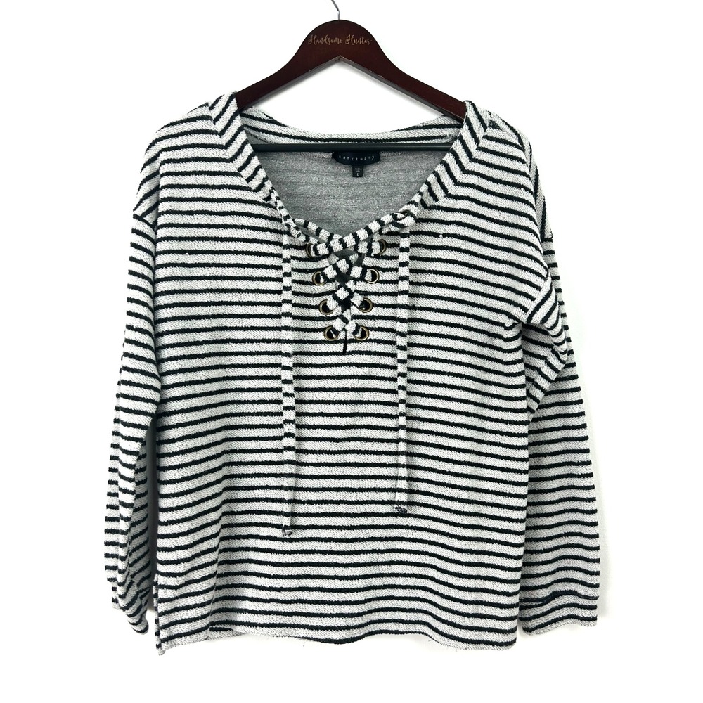 Sanctuary Women Preppy Beacon Stripe Lace Up Pullover French Terry Sweater Sz L